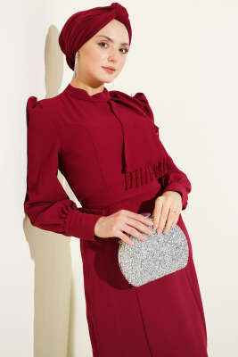 Omuz Boncuklu Kuşaklı Abiye Elbise Bordo - Elbise