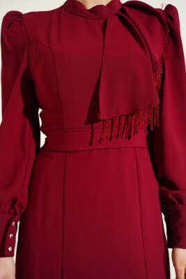 Omuz Boncuklu Kuşaklı Abiye Elbise Bordo - Elbise