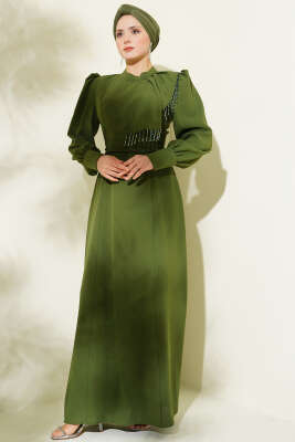 Omuz Boncuklu Kuşaklı Abiye Elbise Haki - ARANLI TEKSTİL