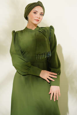 Omuz Boncuklu Kuşaklı Abiye Elbise Haki - Elbise