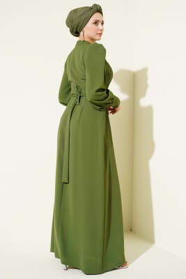 Omuz Boncuklu Kuşaklı Abiye Elbise Haki - Elbise