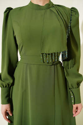 Omuz Boncuklu Kuşaklı Abiye Elbise Haki - Elbise