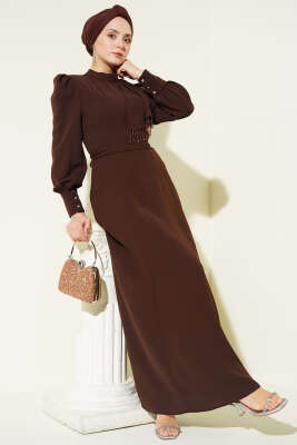 Omuz Boncuklu Kuşaklı Abiye Elbise Kahve - ARANLI TEKSTİL