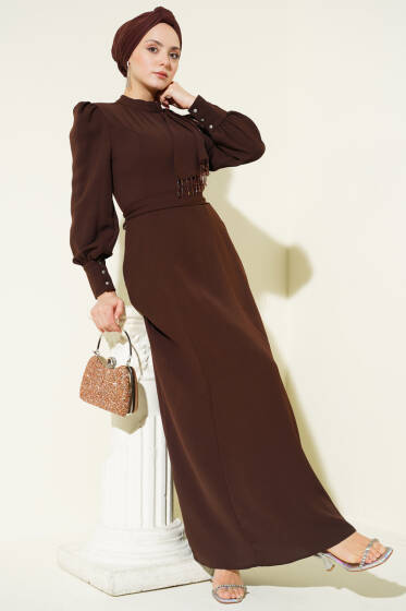 Omuz Boncuklu Kuşaklı Abiye Elbise Kahve - Elbise