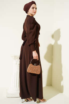 Omuz Boncuklu Kuşaklı Abiye Elbise Kahve - Elbise