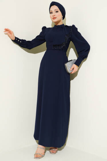 Omuz Boncuklu Kuşaklı Abiye Elbise Lacivert - Elbise