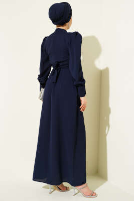 Omuz Boncuklu Kuşaklı Abiye Elbise Lacivert - Elbise
