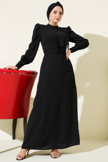 Omuz Boncuklu Kuşaklı Abiye Elbise Siyah - Elbise