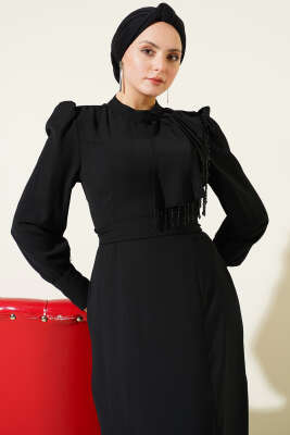 Omuz Boncuklu Kuşaklı Abiye Elbise Siyah - Elbise
