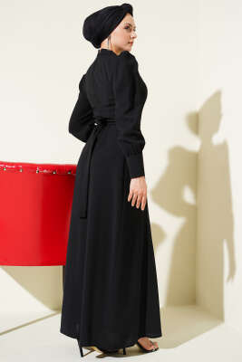 Omuz Boncuklu Kuşaklı Abiye Elbise Siyah - Elbise