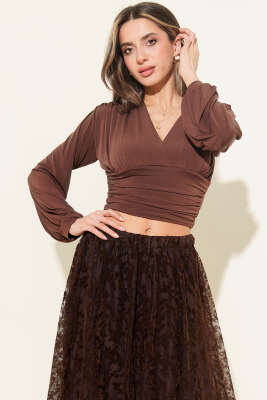 Omuz Büzgülü Bluz Kahve - Kadın Giyim Modelleri