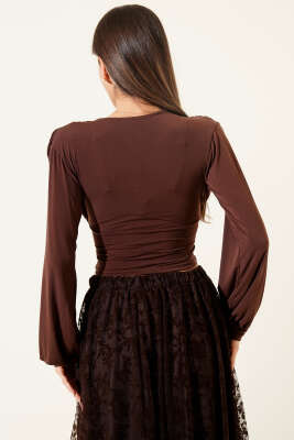 Omuz Büzgülü Bluz Kahve - Kadın Giyim Modelleri