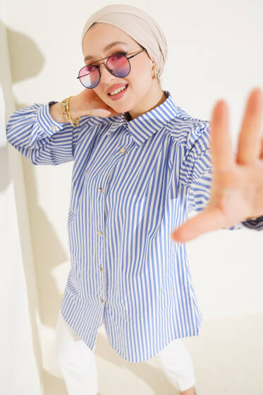 Omuz Büzgülü Çizgili Gömlek Mavi - Gömlek