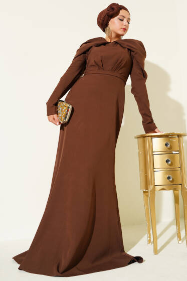 Omuz Büzgülü Dabıl Abiye Elbise Kahve - Elbise