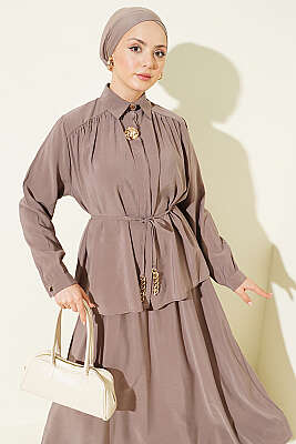 Omuz Büzgülü Etekli Modal İkili Takım Vizon - İkili Takım