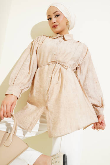 Omuz Büzgülü İp Kuşaklı Gömlek Bej - Gömlek