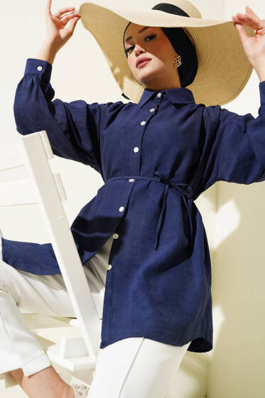 Omuz Büzgülü İp Kuşaklı Gömlek Lacivert - Gömlek