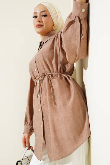 Omuz Büzgülü İp Kuşaklı Gömlek Latte - Gömlek