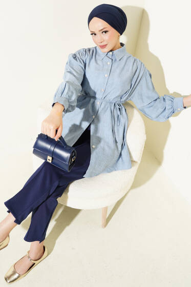 Omuz Büzgülü İp Kuşaklı Gömlek Mavi - Gömlek