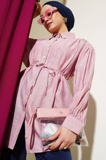 Omuz Büzgülü İp Kuşaklı Gömlek Pudra - Gömlek