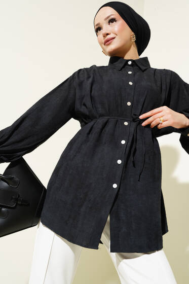 Omuz Büzgülü İp Kuşaklı Gömlek Siyah - Gömlek