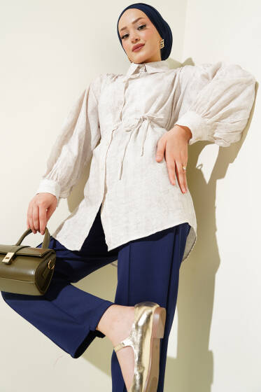 Omuz Büzgülü İp Kuşaklı Gömlek Taş - Gömlek