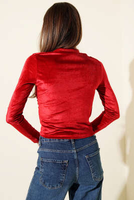 Omuz Büzgülü Kadife Crop Bordo - Kadın Giyim Modelleri