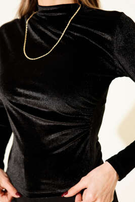 Omuz Büzgülü Kadife Crop Siyah - Kadın Giyim Modelleri