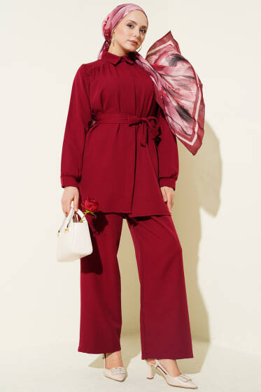 Omuz Büzgülü Kuşaklı Dabıl İkili Takım Bordo - İkili Takım