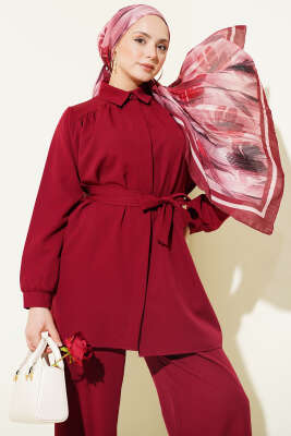 Omuz Büzgülü Kuşaklı Dabıl İkili Takım Bordo - İkili Takım