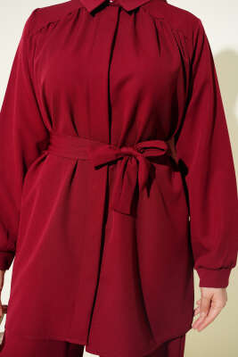 Omuz Büzgülü Kuşaklı Dabıl İkili Takım Bordo - İkili Takım