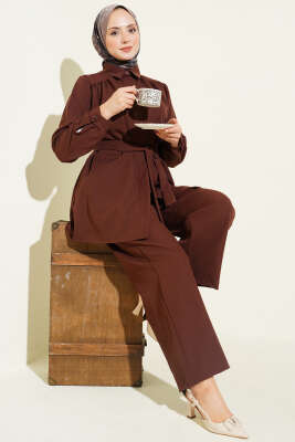 Omuz Büzgülü Kuşaklı Dabıl İkili Takım Kahve - NESSİA