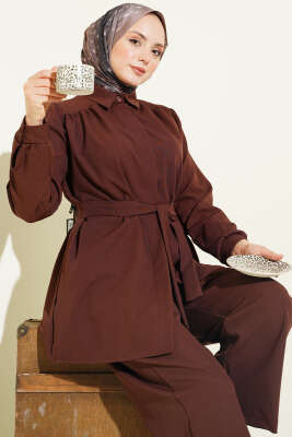 Omuz Büzgülü Kuşaklı Dabıl İkili Takım Kahve - İkili Takım