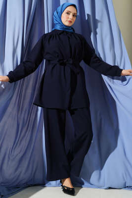 Omuz Büzgülü Kuşaklı Dabıl İkili Takım Lacivert - NESSİA