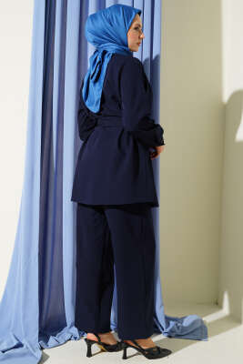 Omuz Büzgülü Kuşaklı Dabıl İkili Takım Lacivert - İkili Takım