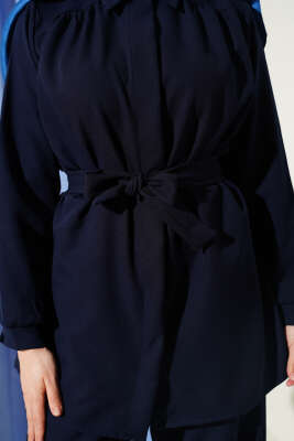 Omuz Büzgülü Kuşaklı Dabıl İkili Takım Lacivert - İkili Takım