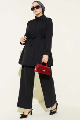 Omuz Büzgülü Kuşaklı Dabıl İkili Takım Siyah - NESSİA