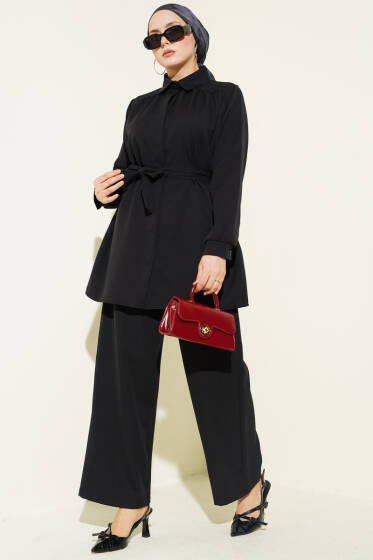 Omuz Büzgülü Kuşaklı Dabıl İkili Takım Siyah - İkili Takım