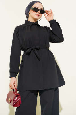 Omuz Büzgülü Kuşaklı Dabıl İkili Takım Siyah - İkili Takım
