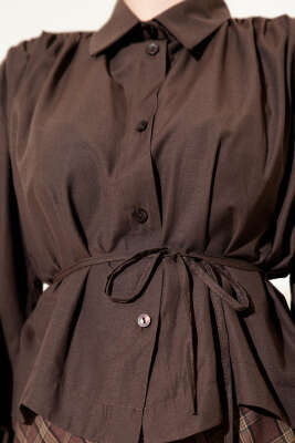 Omuz Büzgülü Kuşaklı Kısa Gömlek Acı Kahve - Gömlek