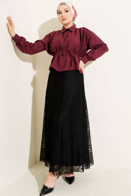 Omuz Büzgülü Kuşaklı Kısa Gömlek Bordo - 300-500 TL Ürünler