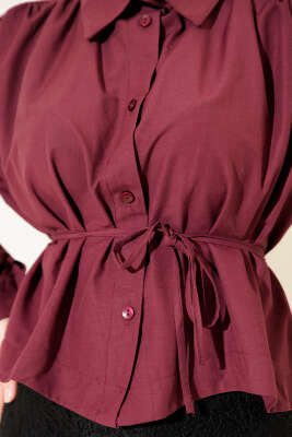 Omuz Büzgülü Kuşaklı Kısa Gömlek Bordo - 300-500 TL Ürünler