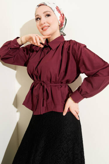 Omuz Büzgülü Kuşaklı Kısa Gömlek Bordo - Gömlek