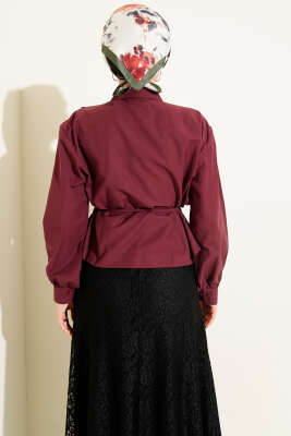 Omuz Büzgülü Kuşaklı Kısa Gömlek Bordo - Gömlek