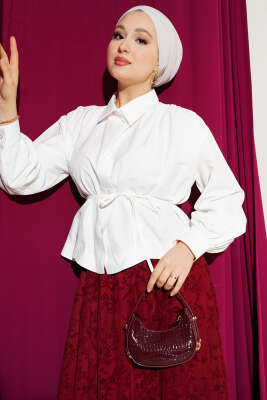 Omuz Büzgülü Kuşaklı Kısa Gömlek Ekru - DUFON