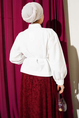 Omuz Büzgülü Kuşaklı Kısa Gömlek Ekru - Gömlek