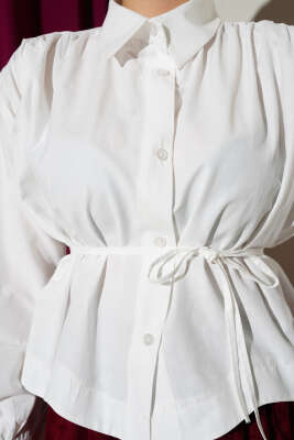 Omuz Büzgülü Kuşaklı Kısa Gömlek Ekru - Gömlek