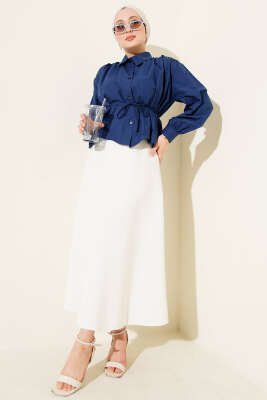 Omuz Büzgülü Kuşaklı Kısa Gömlek Lacivert - Gömlek