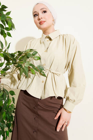 Omuz Büzgülü Kuşaklı Kısa Gömlek Nefti - Gömlek