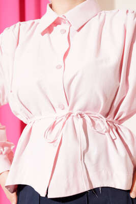 Omuz Büzgülü Kuşaklı Kısa Gömlek Pembe - Gömlek